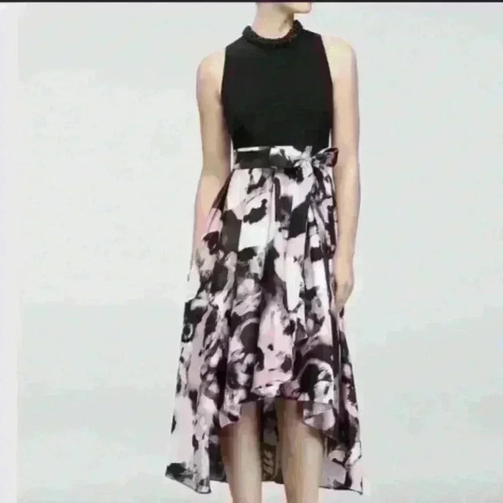 SLNY PURPLE Beaded Mikado High/Low Full Skirted Cocktail Dress